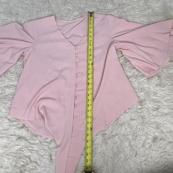Womens Baby Pink Button Up V Neck Summer Loose Blouses Wide Flare Sleeves Large - Picture 7 of 11